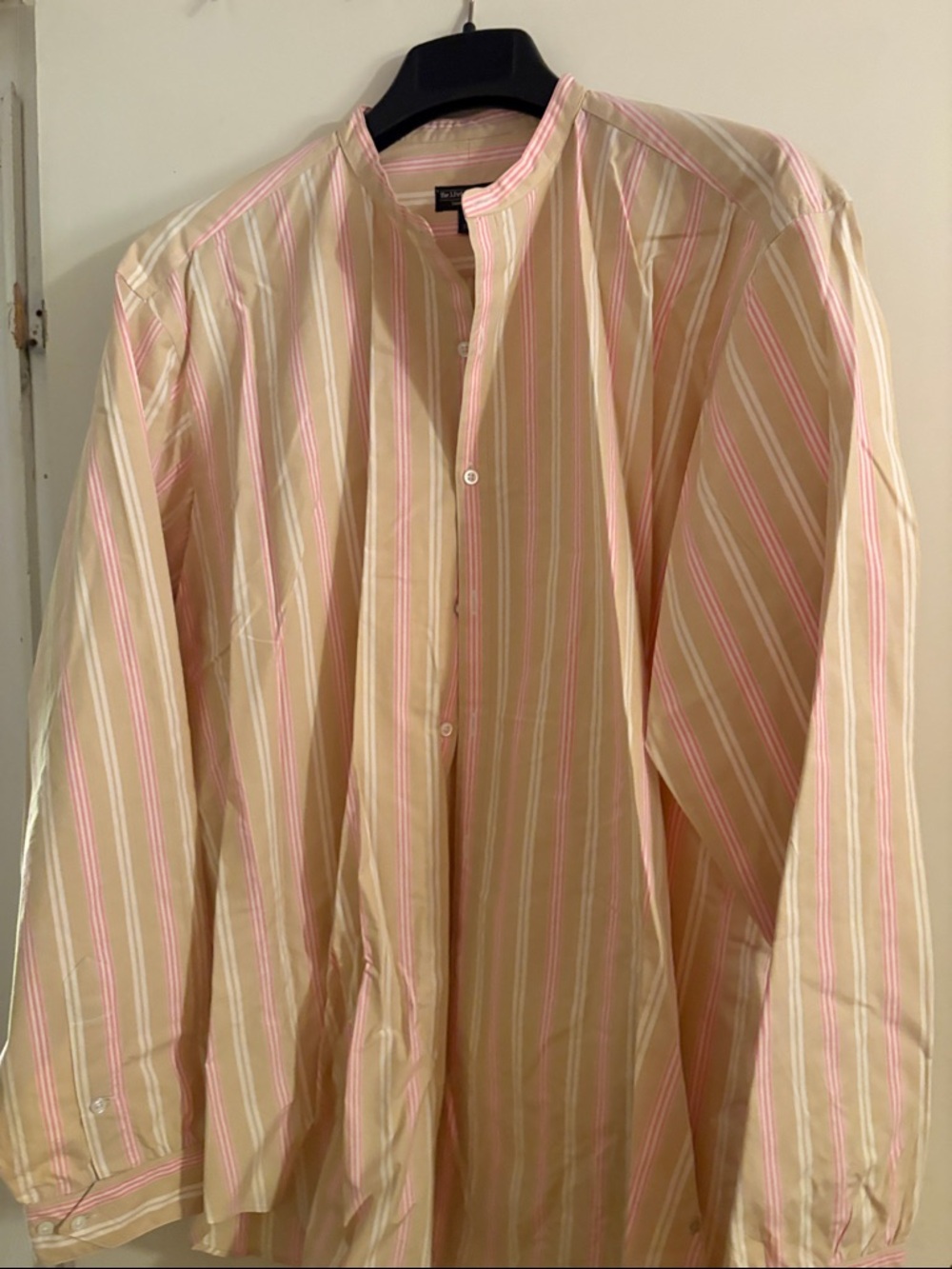 J. Peterman Pink and Cream Striped Band-Collar Shirt